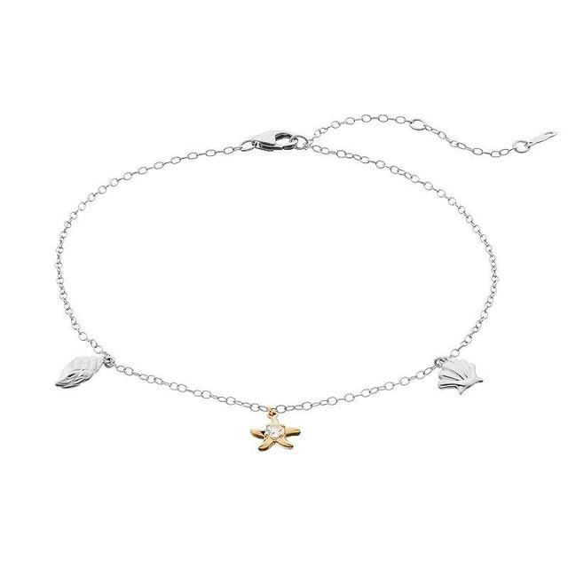 Sterling Silver Lab Created White Sapphire Starfish Anklet, Womens, Two Tone Product Image