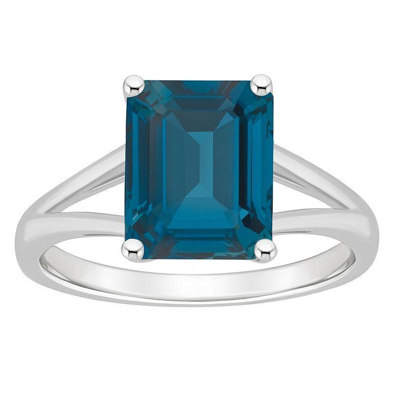 Alyson Layne Sterling Silver 10 mm x 8 mm Emerald Cut Gemstone Split Shank Solitaire Ring, Womens London Blue Topaz Product Image