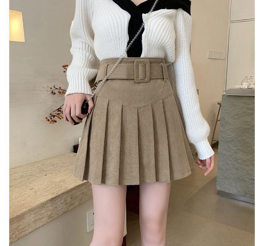 Plain Pleated Corduroy  A-Line Skirt Product Image