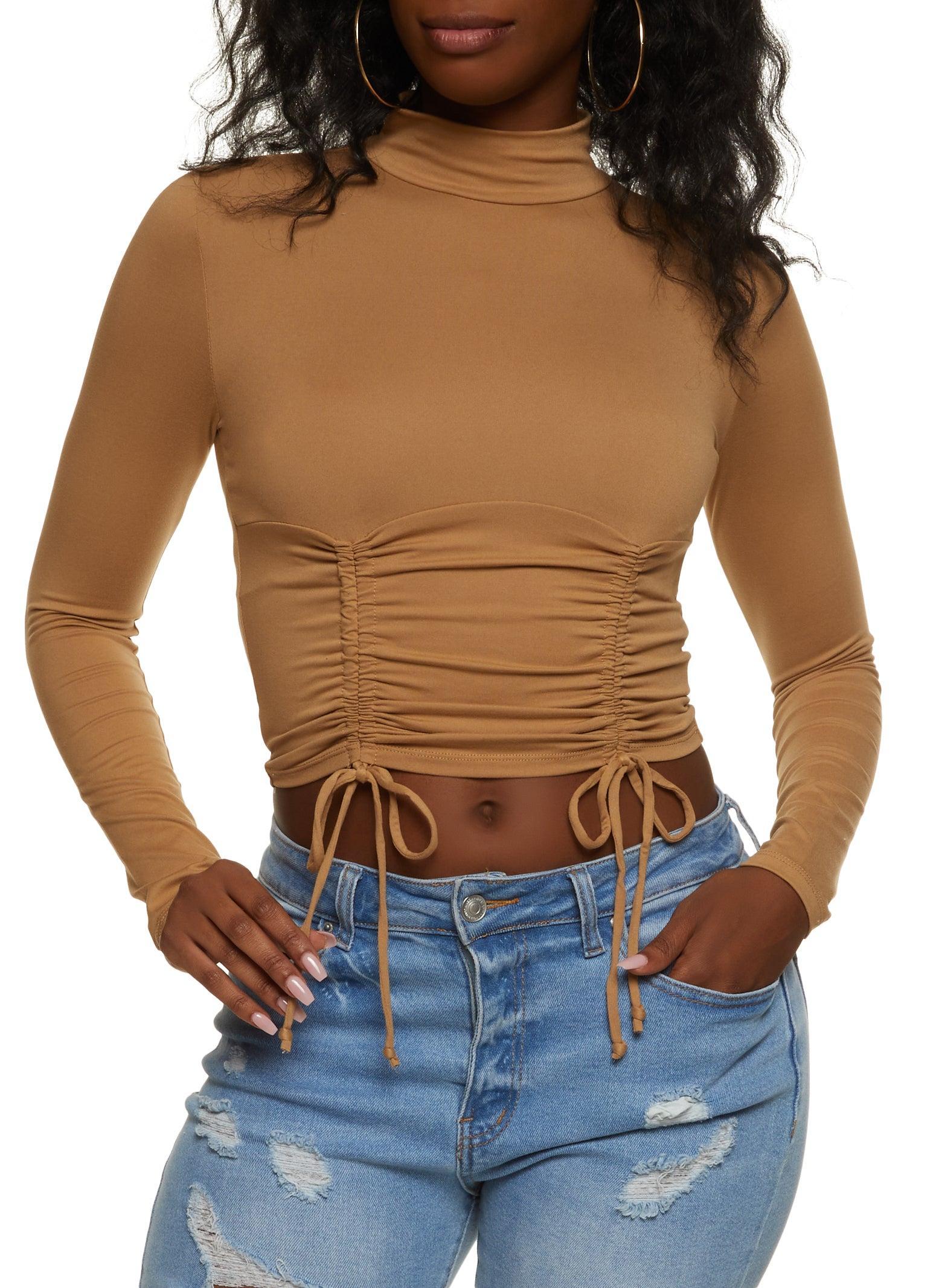 Womens Mock Neck Ruched Long Sleeve Crop Top Product Image