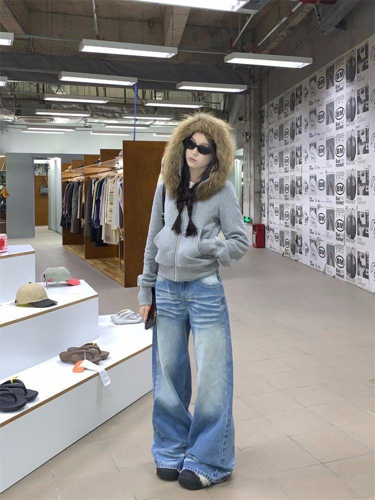 Fluffy Hooded Plain Zip Jacket / Mid Waist Washed  Wide Leg Jeans Product Image