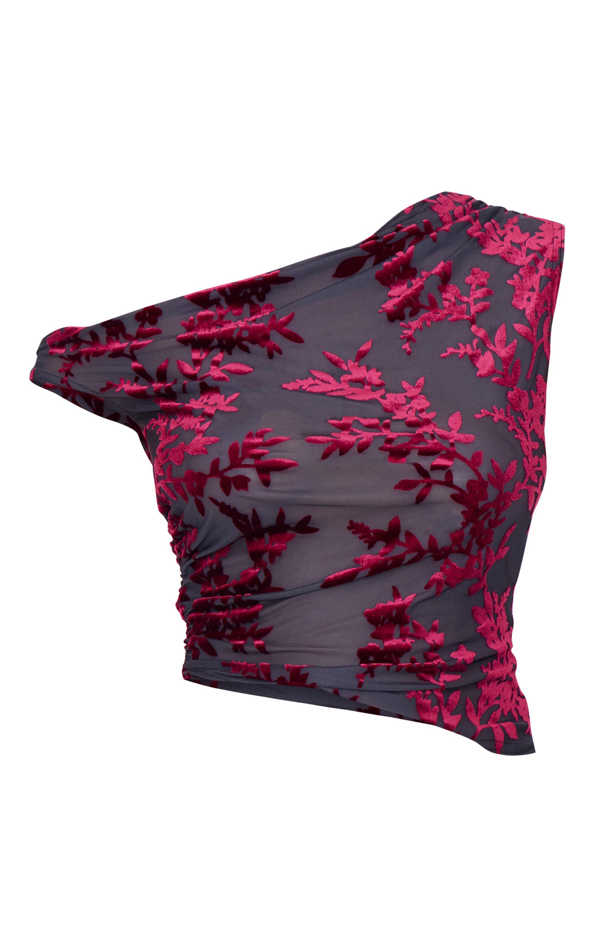 Burgundy Devore Floral Detail Asymmetric Shoulder Long Top Product Image