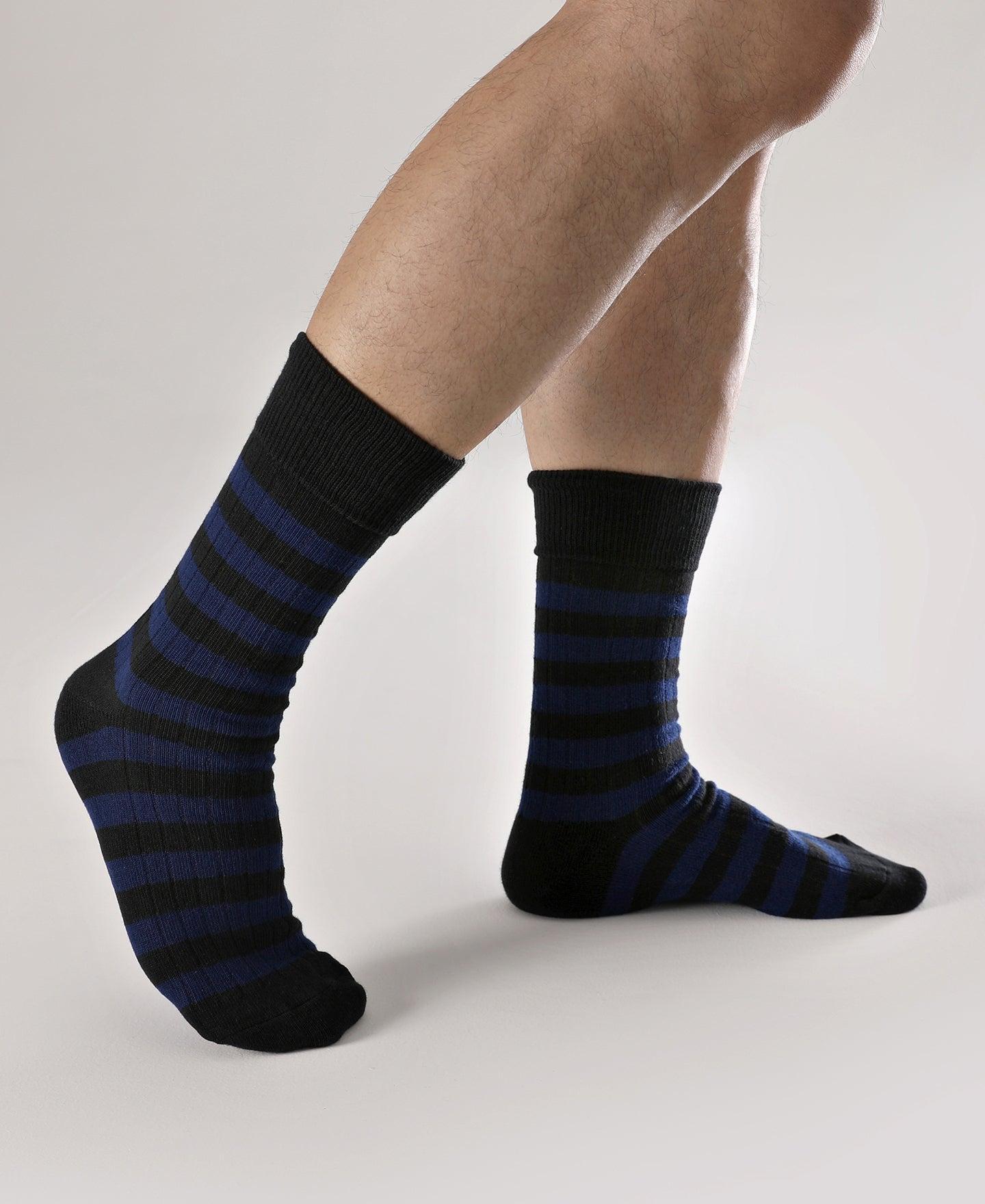 Retro Striped Cotton Socks - Black/Blue Product Image