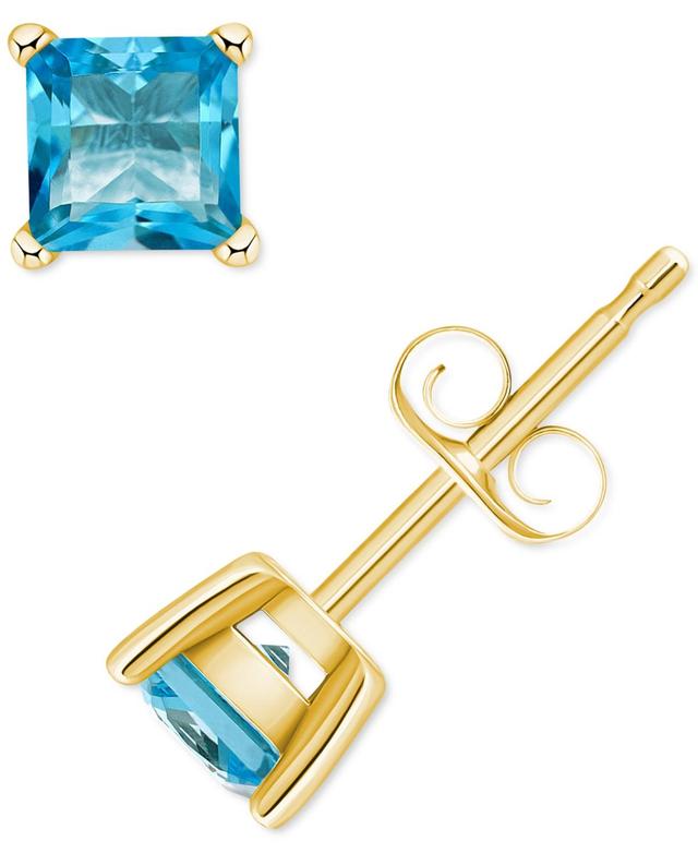 14k Gold 4 mm Princess Cut Swiss Blue Topaz Stud Earrings, Womens, 14k Yellow Gold Product Image