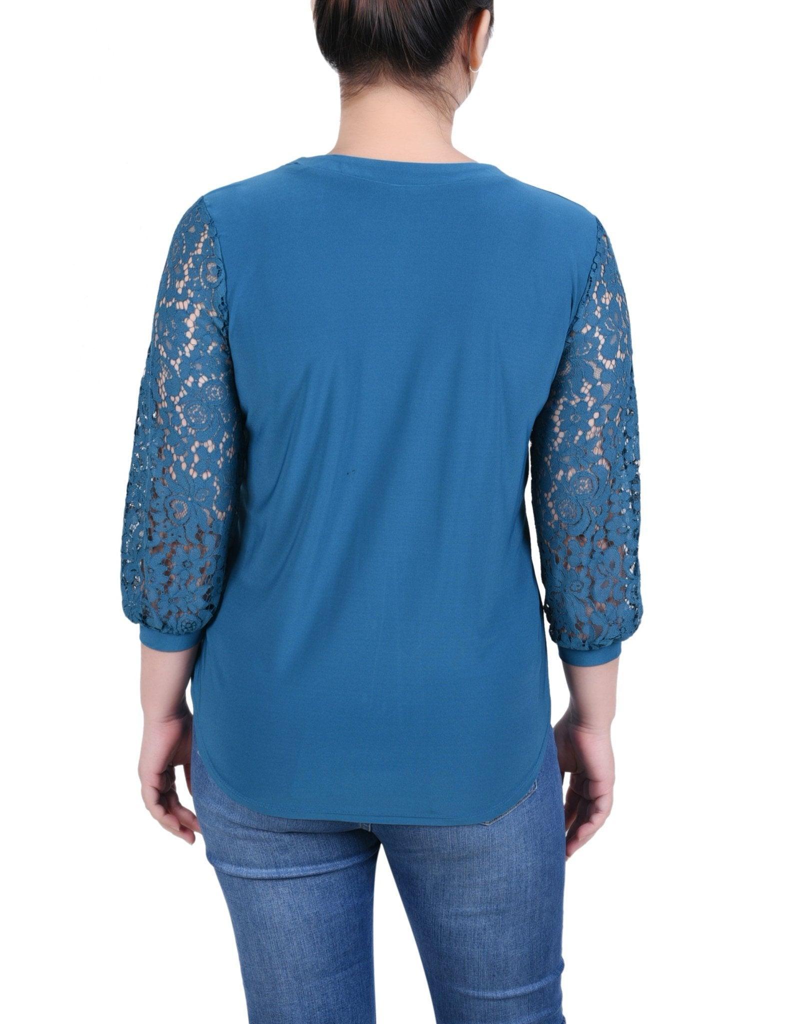 Lace-Sleeve V Neck Top - Petite Product Image