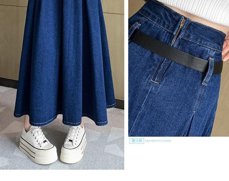 High Waist Washed Pleated Maxi A-Line Denim Skirt / Belt Product Image