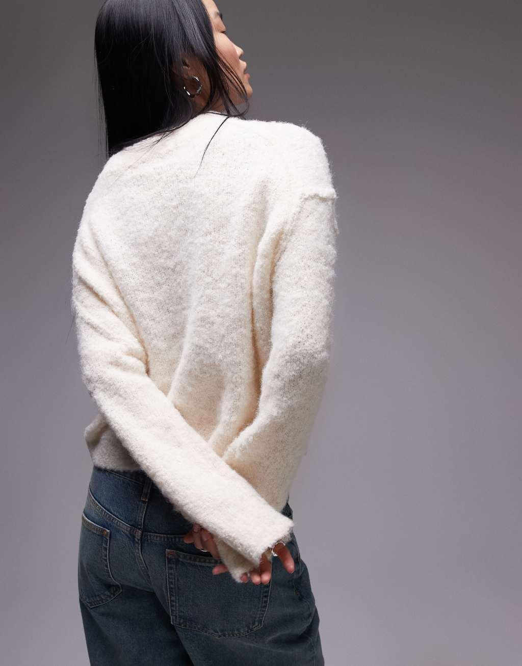 Topshop knitted high v-neck boucle sweater in cream Product Image