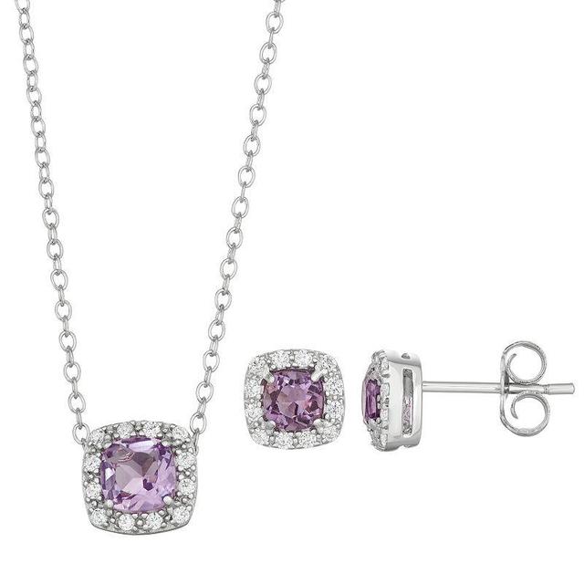 Sterling Silver Amethyst & Cubic Zirconia Cushion Halo Pendant & Stud Earring Set, Womens Product Image