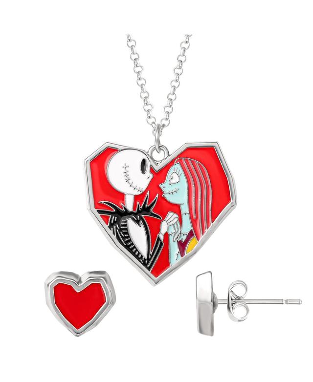 Disney The Nightmare Before Christmas Womens Costume Necklace and Earrings Set - Jack and Sally Heart Necklace with Heart Studs - Silver tone, red, b Product Image