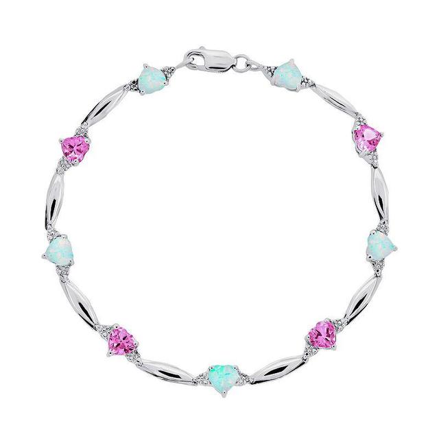 Gemminded Sterling Silver Lab-Created Pink Sapphire, Lab-Created Opal and Diamond Accent Heart Bracelet, Womens Product Image