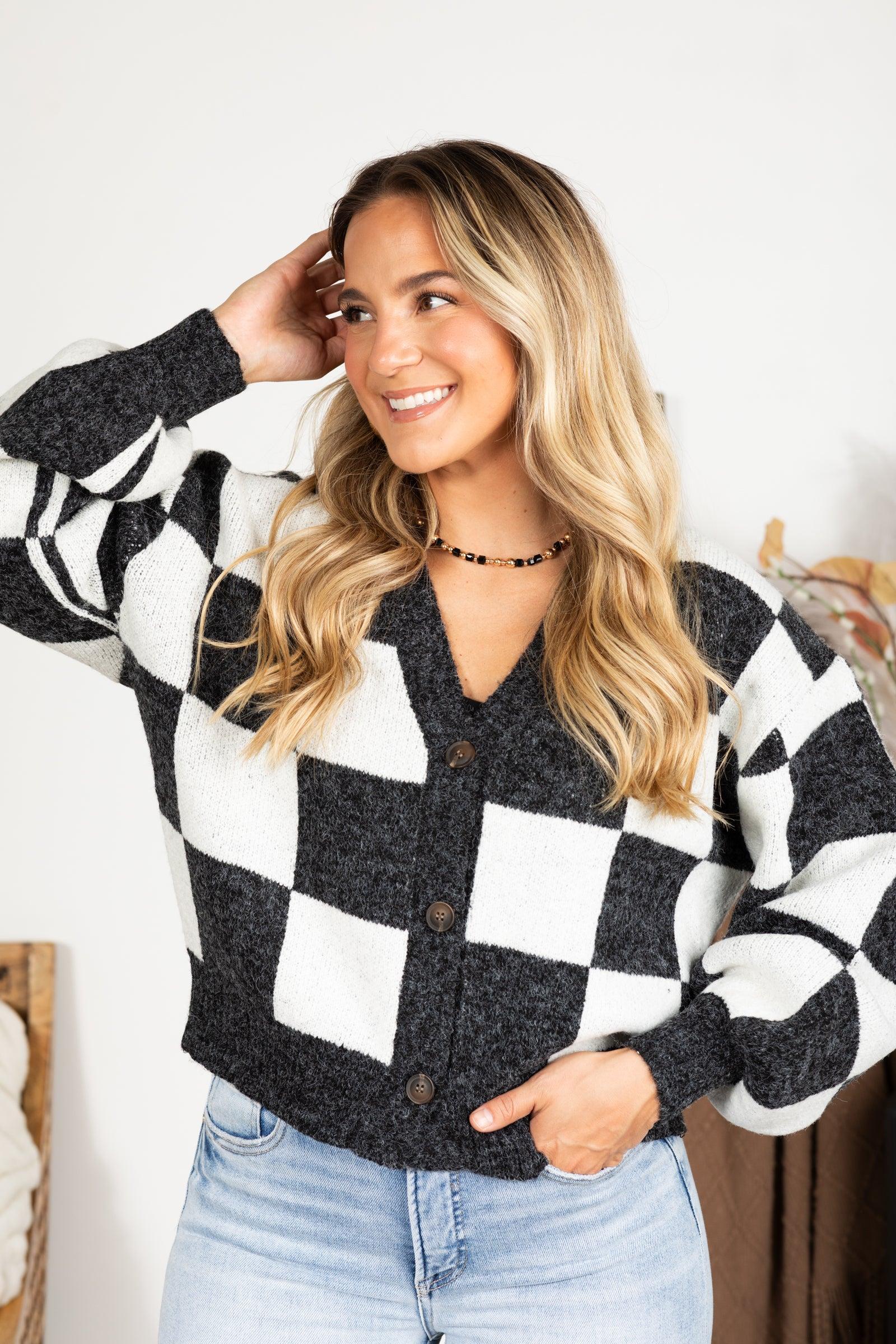 Heather Black Checkered Button Cardigan Product Image