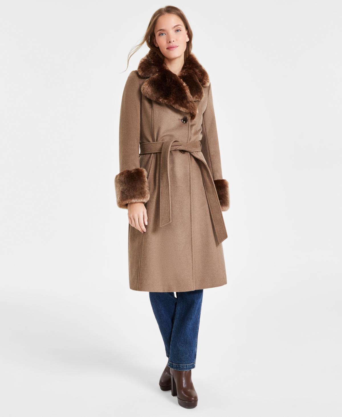 Via Spiga Womens Faux-Fur-Trim Belted Wrap Coat Product Image