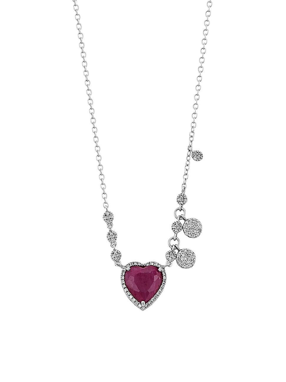 Womens 14K White Gold, Diamond & Ruby Heart Pendant Necklace Product Image