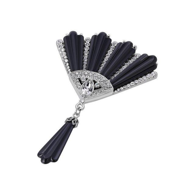 1928 Silver Tone Crystal Fan Drop Pin, Womens, Black Product Image