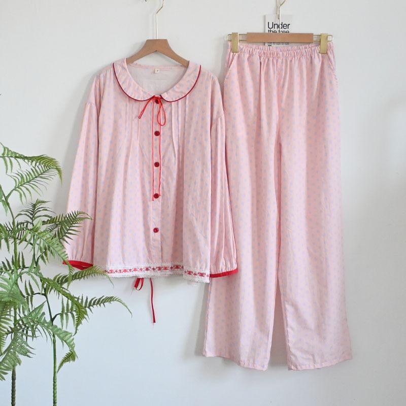 Pajama Set: Doted Lace Trim Shirt + Pants Product Image