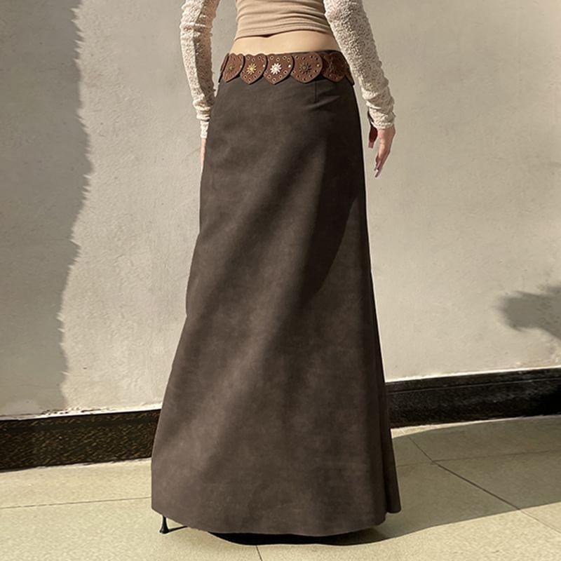 High Waist Faux Leather Maxi A-Line Skirt Product Image