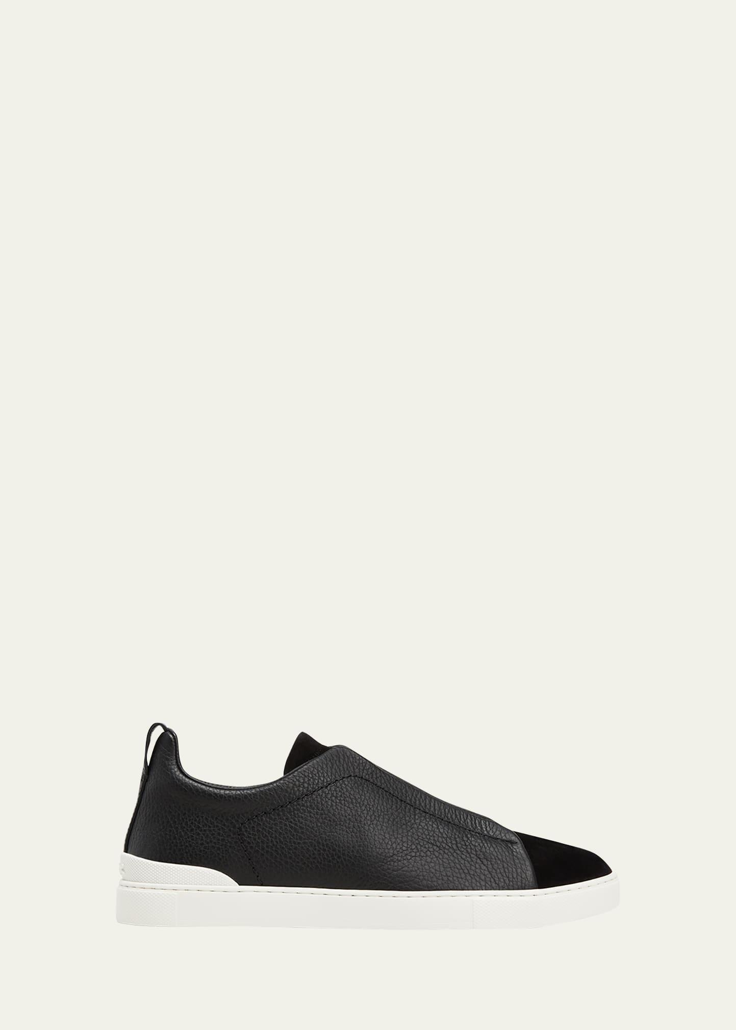 ZEGNA Men's Triple-Stitch Mix-Leather Slip-On Sneakers - Size: 11 UK (12D US) - BLACK Product Image