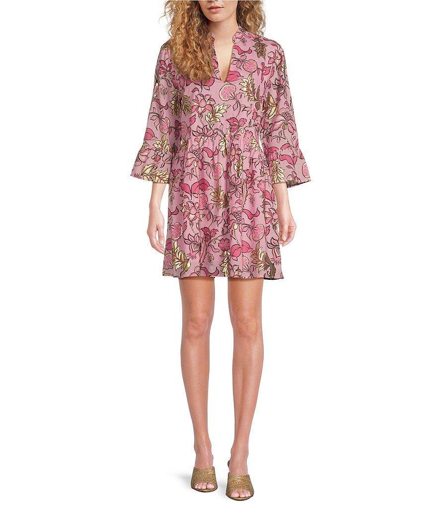 Jude Connally Faith Cotton Voile Fleur De Leaf Print Banded Collar 3/4 Bell Sleeve A-Line Dress Product Image