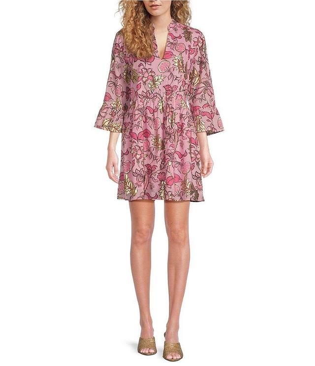 Jude Connally Faith Cotton Voile Fleur De Leaf Print Banded Collar 3/4 Bell Sleeve A-Line Dress Product Image