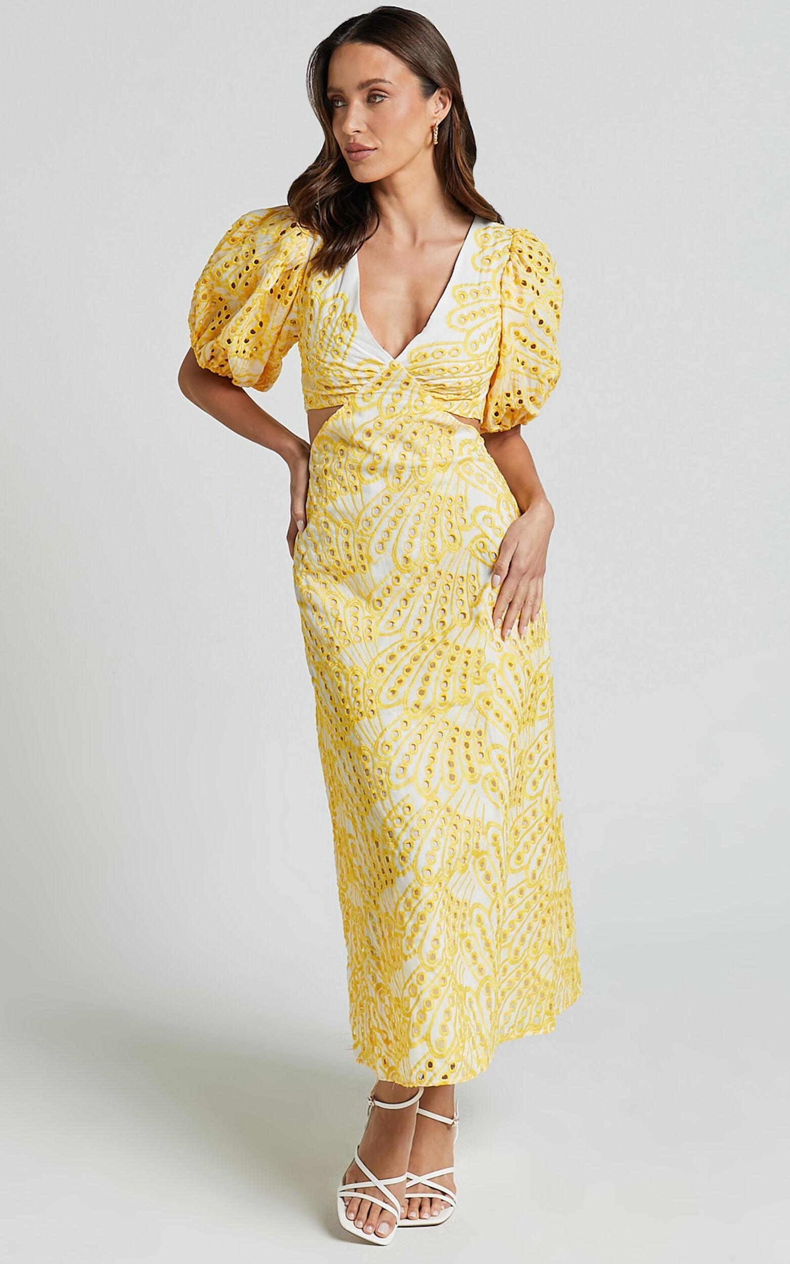 Imogen Midi Dress - Plunge Neck Puff Sleeve Side Cut Out Dress in White and Yellow Product Image