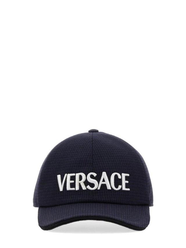 VERSACE Logo Embroidered Baseball Cap In Blue Product Image