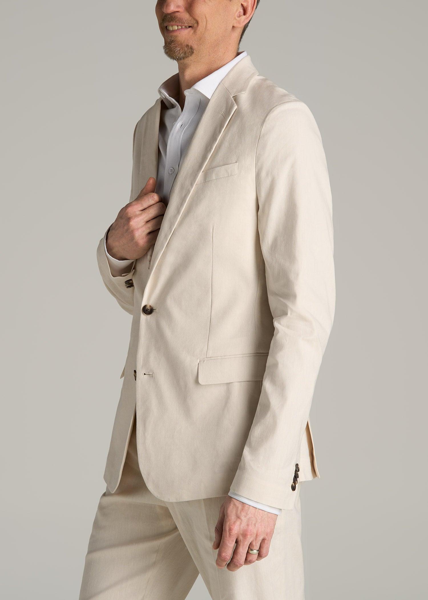 Stretch Linen Blazer for Tall Men in Light Beige Linen Product Image