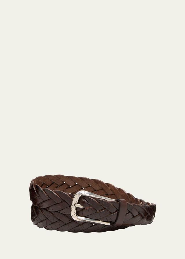 Mens Scratched Braided Calfskin Belt with Engraved Buckle Product Image