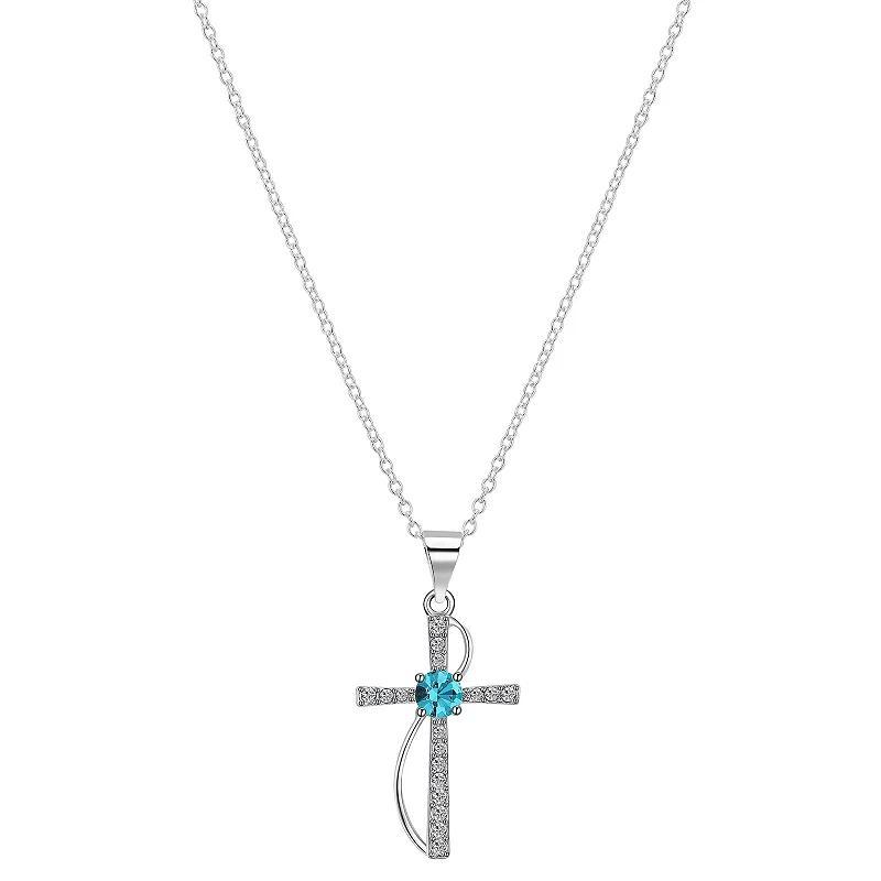 Brilliance Silver Plated Crystal Birthstone Cross Pendant Necklace, Womens Silver Toneblue Product Image