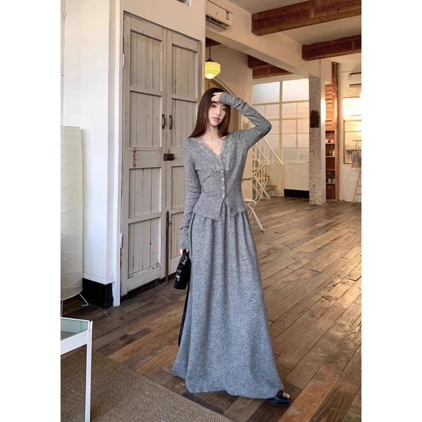 High Waist Plain Maxi A-Line Skirt / V-Neck Lace Trim Cardigan Product Image