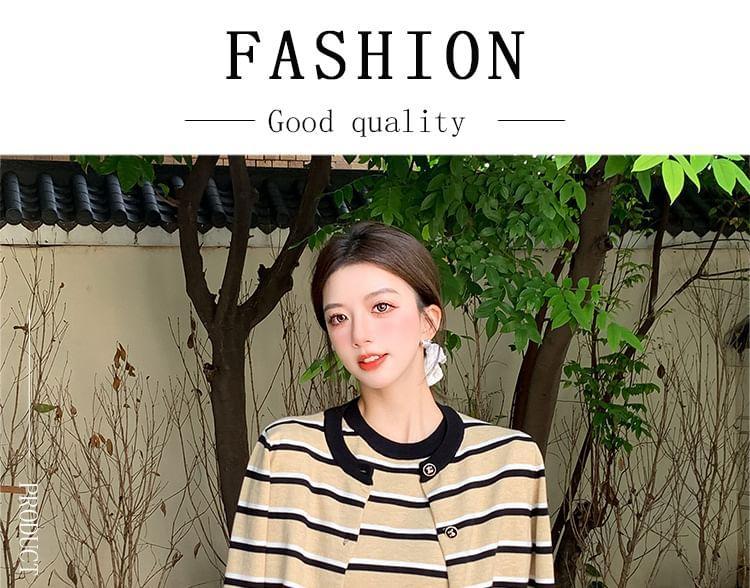 Set: Striped Button-Up Jacket + Short-Sleeve Top + Mini Skirt Product Image