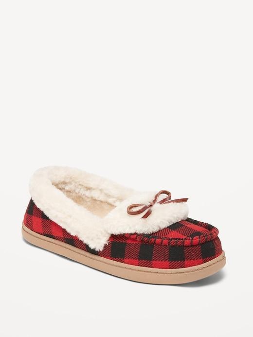 Sherpa-Lined Gingham Cozy Moccasin Slippers Product Image