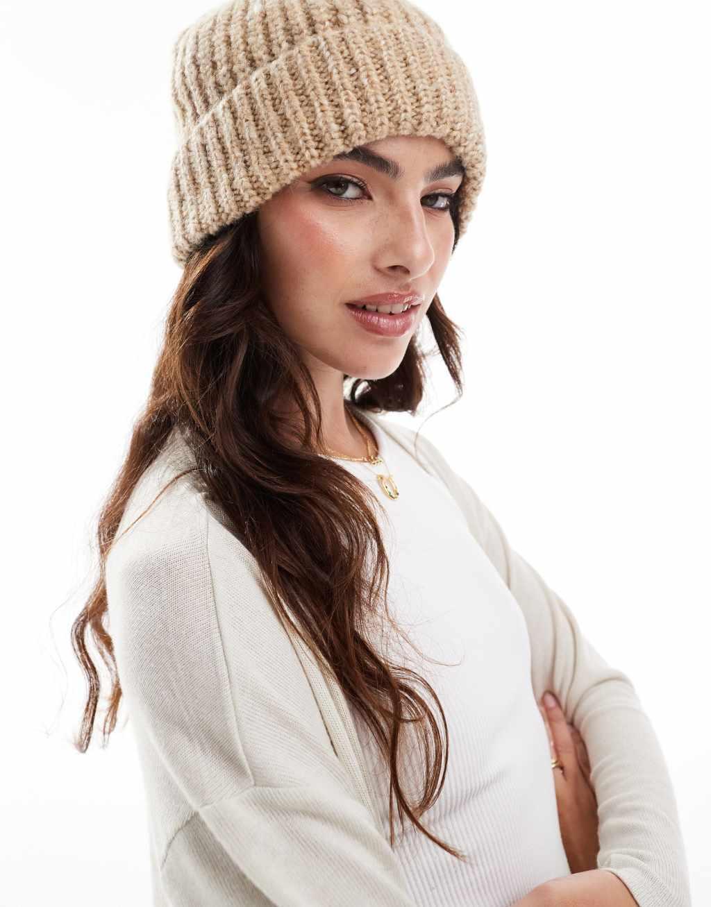 ASOS DESIGN chunky knit beanie in oatmeal Product Image