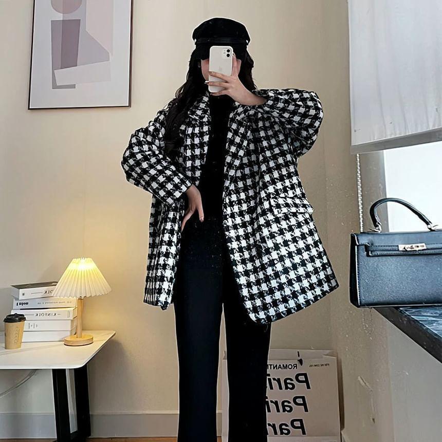 Lapel Collar Houndstooth Double-Breasted Coat Product Image