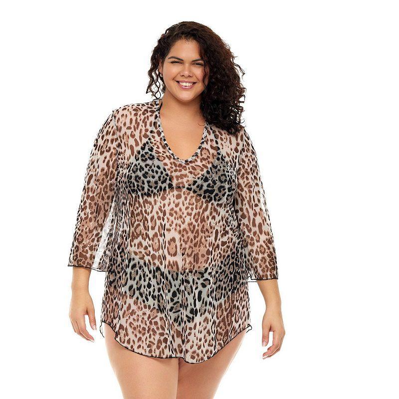 Plus Size Jordan Taylor Animal Print Bell-Sleeve Swim Cover-Up Tunic, Womens Product Image