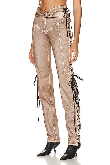 Jean Paul Gaultier X KNWLS Branded Patch Low Waist Laced Straight Trouser in Brown & Ecru - Brown. Size 34 (also in 42). Product Image