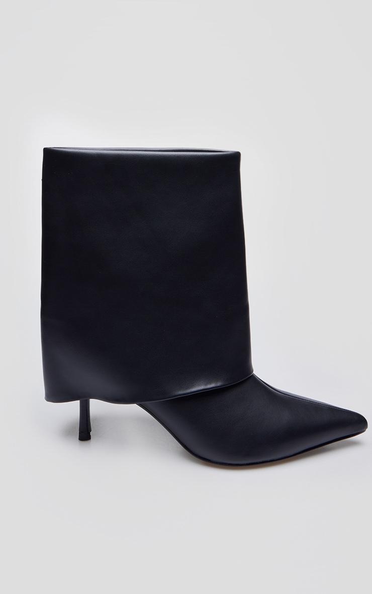 Black PU Point Toe Fold Over Low Heeled Ankle Boots Product Image