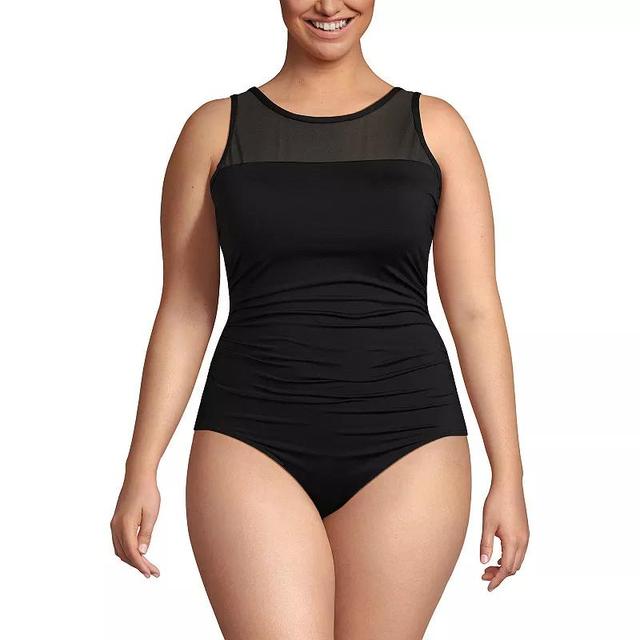 Plus Size Lands End Chlorine Resistant Smoothing Control Mesh High Neck One-Piece Swimsuit, Womens Product Image