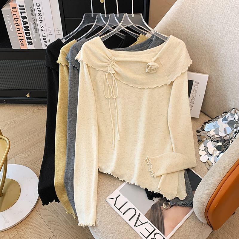 Long-Sleeve Off Shoulder Plain Flower Detail Knit Top Product Image