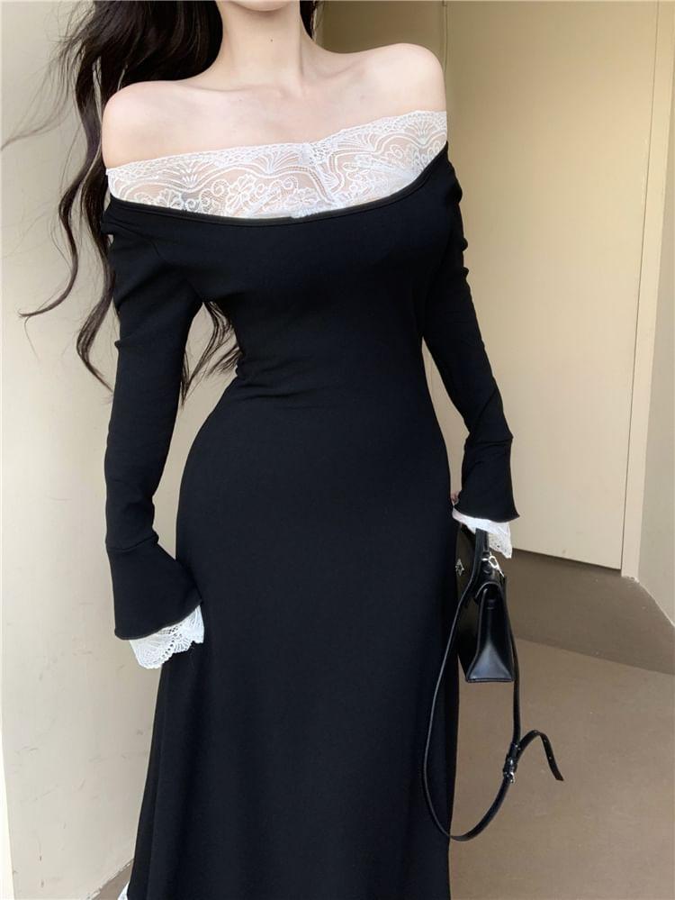 Long-Sleeve Off Shoulder Lace Trim Maxi A-Line Dress Product Image