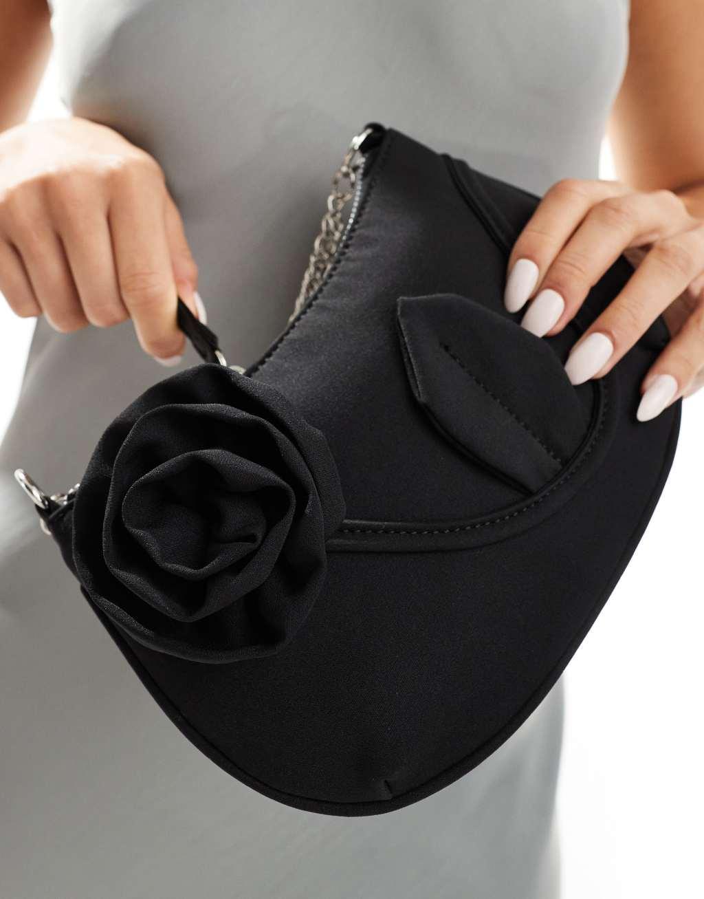 ASOS DESIGN mini applique floral scoop grab bag with chain in black Product Image