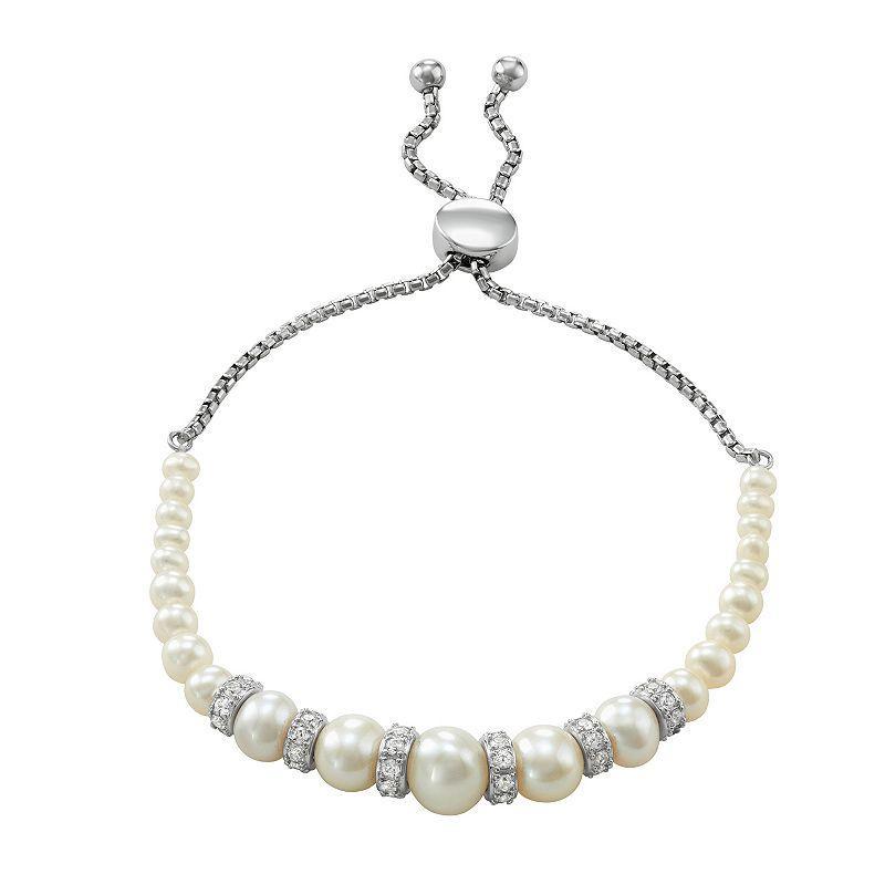 Sterling Silver Freshwater Cultured Pearl & Lab-Created White Sapphire Bolo Bracelet, Womens Product Image