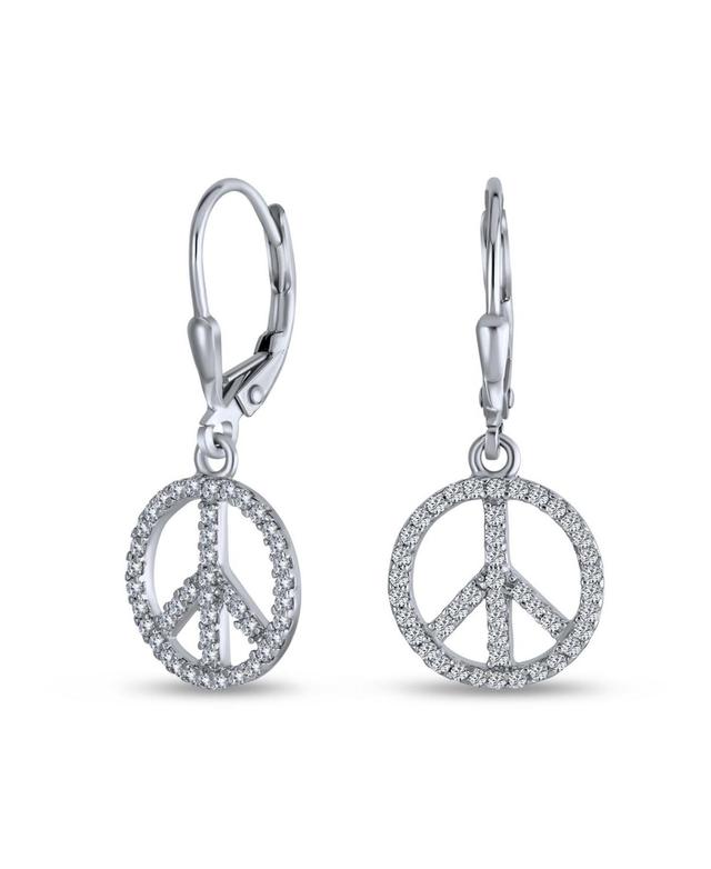 Message World Peace Sign Symbol Cubic Zirconia Pave Cz Lever back Drop Dangle Earrings For Women For Teen.925 Sterling Silver Product Image