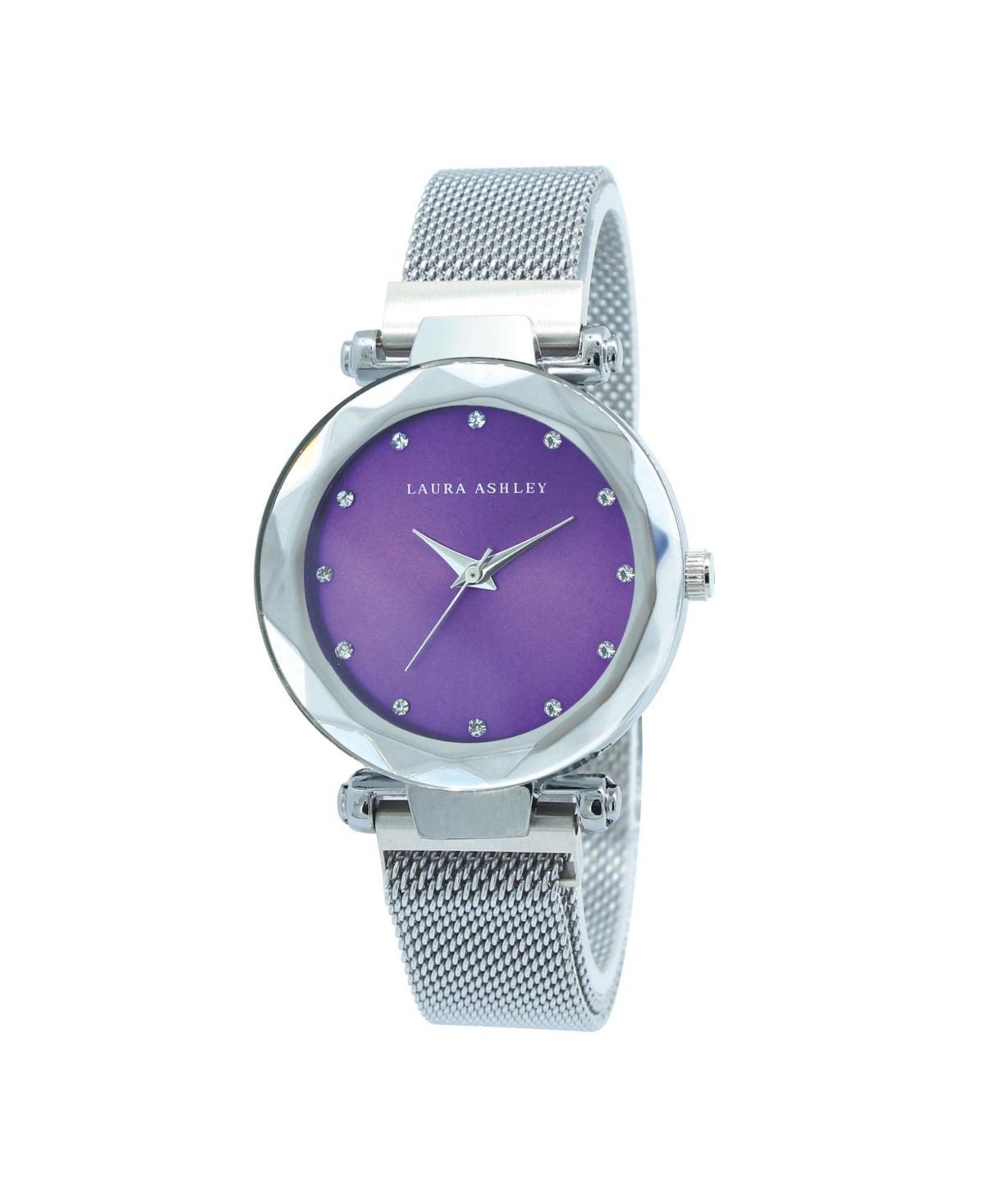 Laura Ashley Womens Facet Bezel Silver-Tone Alloy Magnet Closure Mesh Band Watch 34mm - Purple Product Image