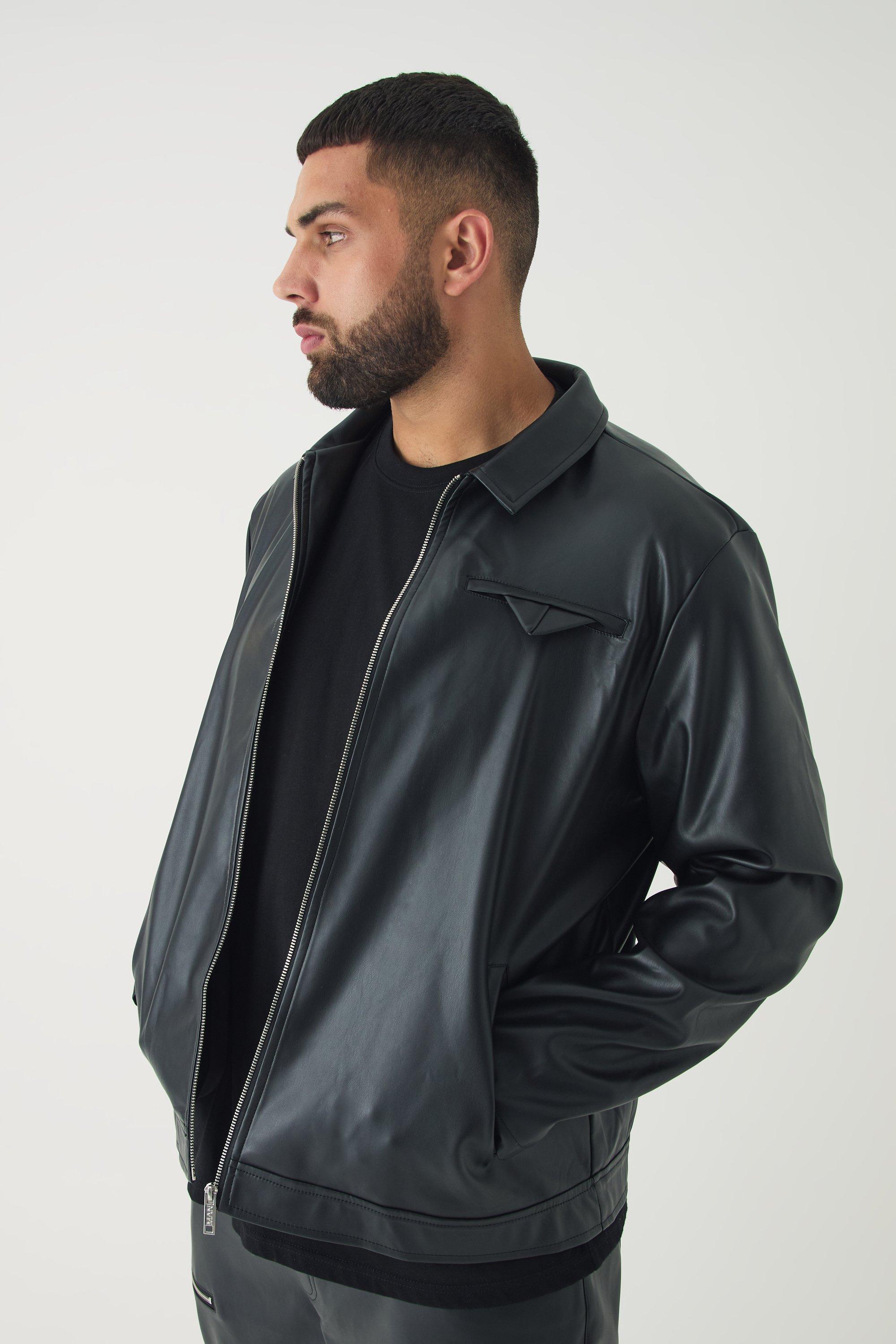 Mens Black Plus PU Lined Harrington Jacket, Black Product Image