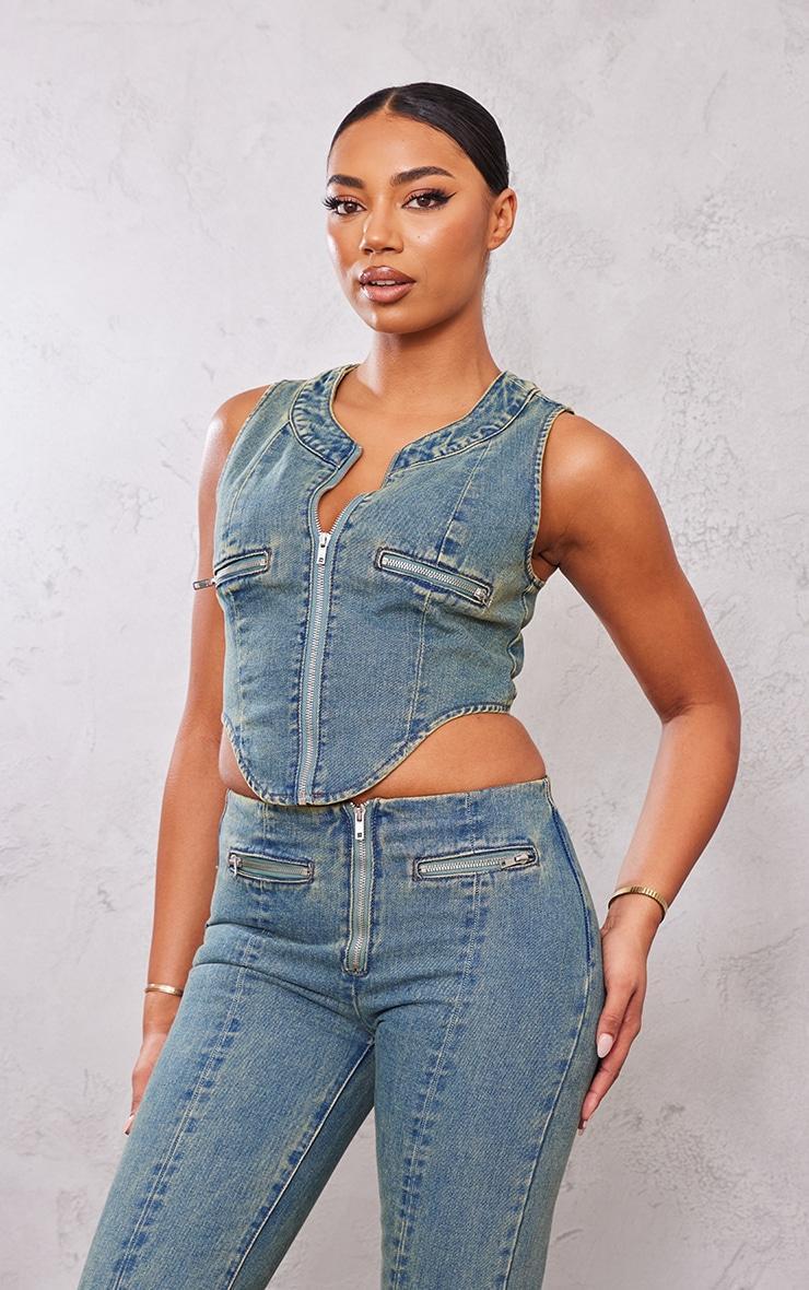 Tall Indigo Vintage Wash Zip Detail Denim Corset Top product image