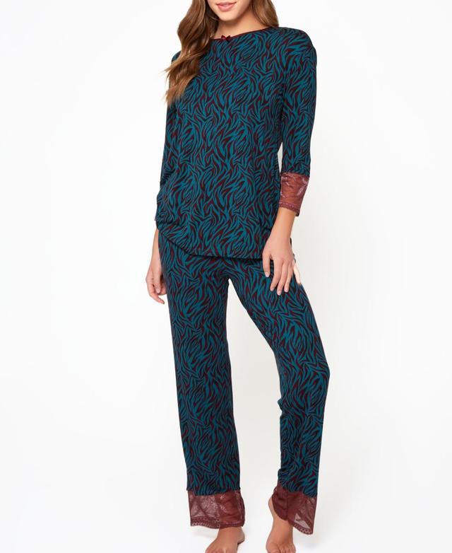 Womens Zebra Patterned 2-Pieces Pajama Set with Deep V Back, Lace Detail and Bow Accent - Teal-Burgundy Product Image