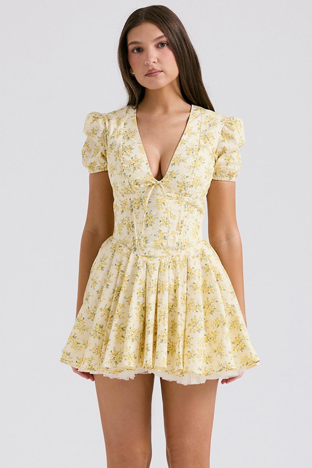 Imani Buttercup Vintage Floral Print Pleated Cotton Mini Dress Product Image