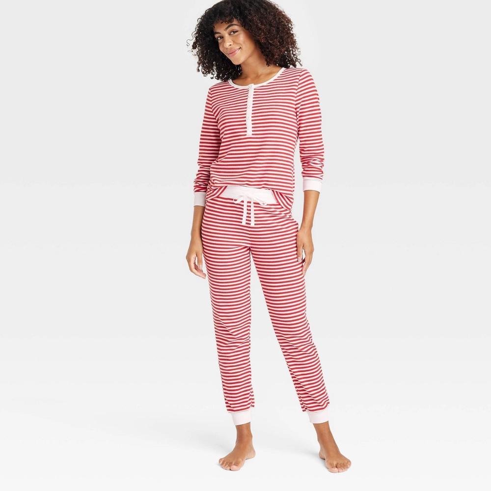 Women's Striped Thermal Long Sleeve Henley Top and Jogger Pants Pajama Set - Auden™ Red XL Product Image