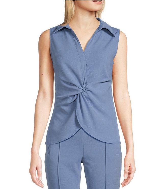 Calvin Klein Stretch Scuba Crepe Collared V-Neck Sleeveless Twist Front Top Product Image