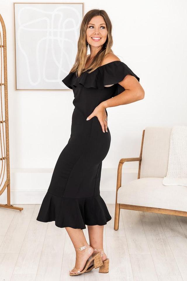 Latest And Greatest Black Ruffled Off The Shoulder Midi Dress FINAL SALE Product Image